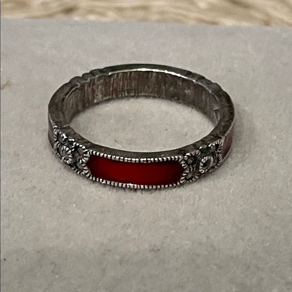 Vintage Judith Jack Marcasite Red Enamel 
Sterling Silver Stackable Ring